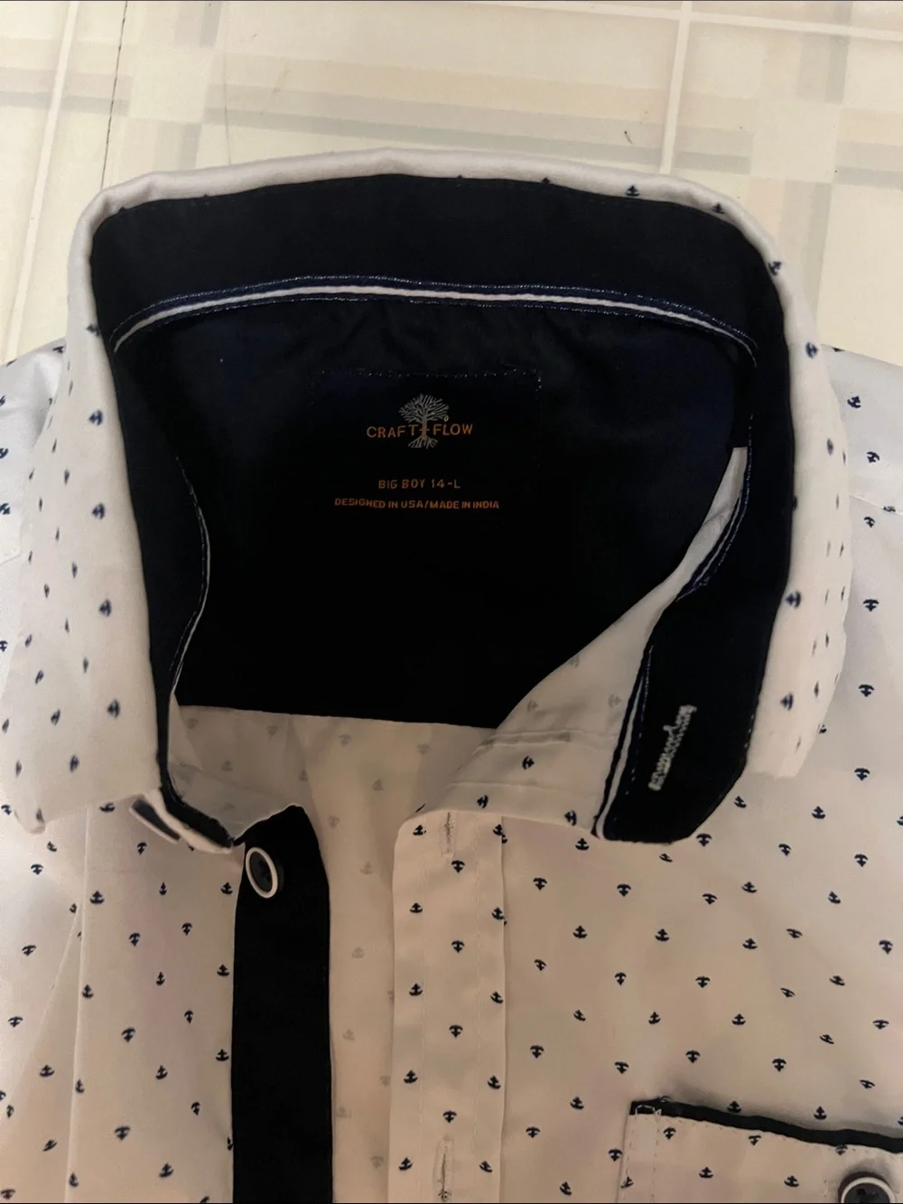 Boys' White Button-Down Shirt with Navy Micro Hearts